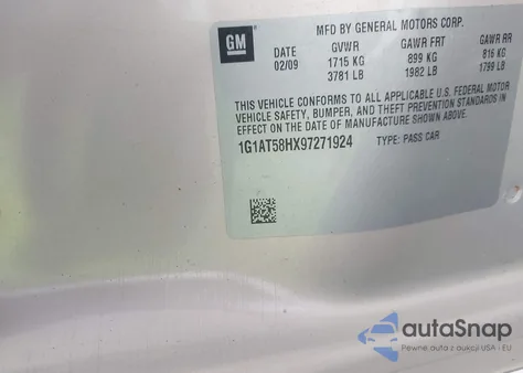 2009 Chevrolet Cobalt Lt из США, поврежденный, VIN 1G1AT58HX97271924
